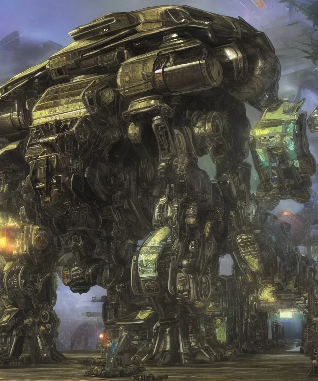 Large mechwarrior inside a futuristic steampunk space ship with plants and animals