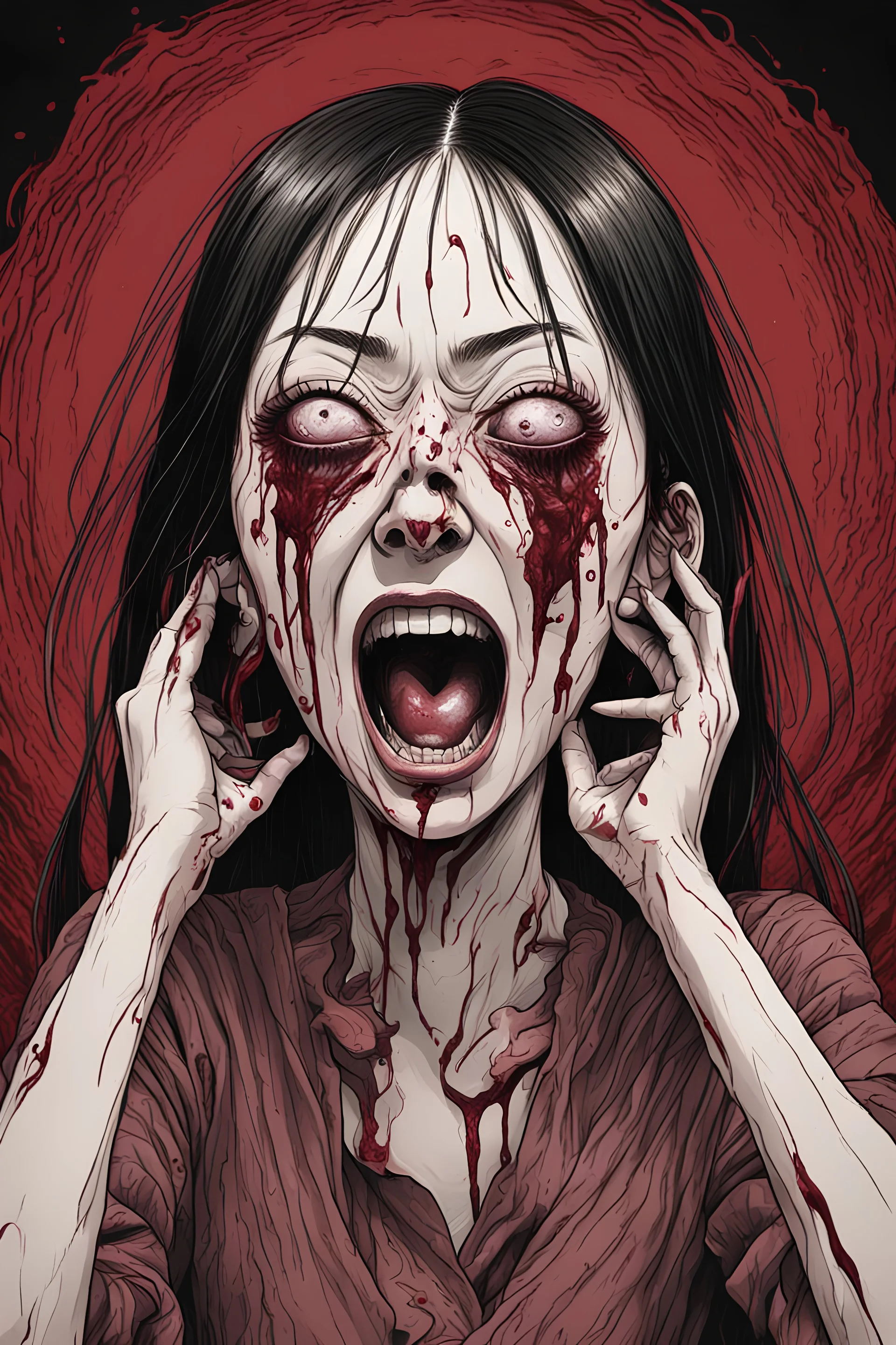 woman with 4 eyes, face distorted with pain, screaming, tears streaming from eyes, siting pose, fullbody, Junji Ito style, darkred tones,