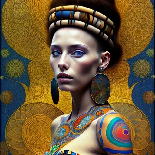 retrato de Mujer tribal bella con tatuajes con estilo de Gustav Klimt