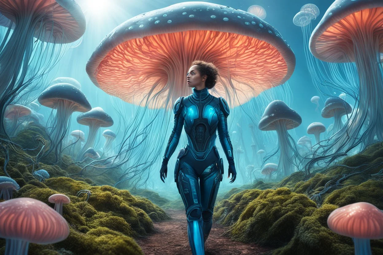 Woman in an Android suit, Walking Through Alien Mushrooms With Jellyfish Tentacles, Floating Through An Alien Forest, Photorealistic, Intricate Detail, Sunshine, Blue Sky