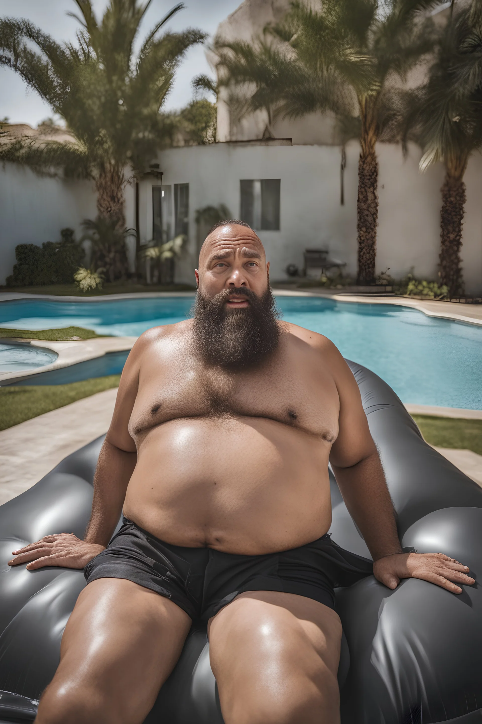 close up photography of an ugly 43 year old stocky big robust burly marocan giant, wearing shorts, shirtless, relaxing in the pool over an inflatable mattress, wet, ajar mouth, hairy chest, serious, very virile, short beard, shaved hair,, , in a sunny street, photorealistic , top aerial view