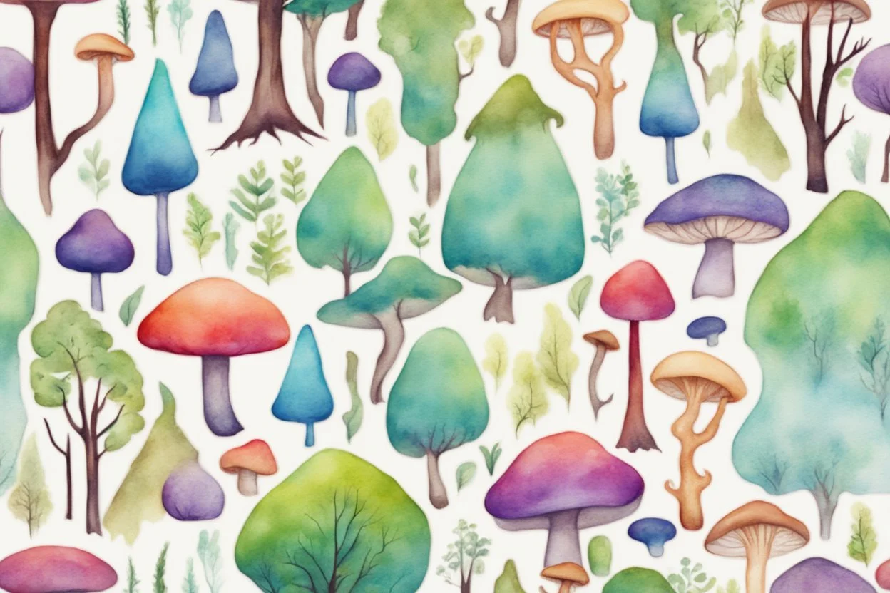 water color style for teenagers in other planet adventure mystery weird cretures trees and mushrooms exiting colorful