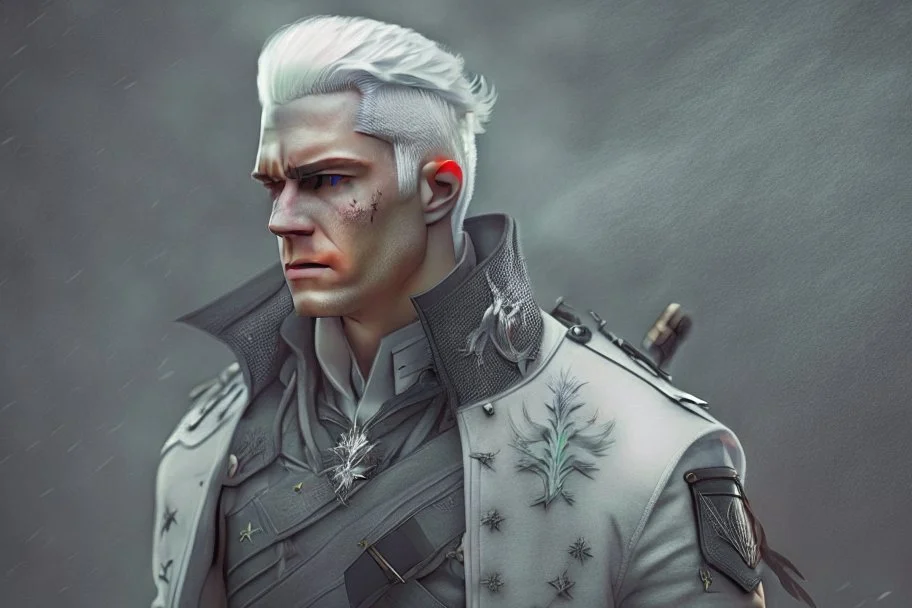 A white masculine human with medium white hair. A Lot of Battle Scars. Full body. Black Military Outfit. HD