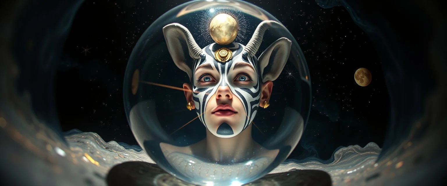 pinhole pic into 4th dimension ,awake within a dream, portrait of ascended chakra tooth fairy blaster, master oil painting by Rembrandt, escape route from our dimensions, hidden even to the zebra worm hole inside crystal ball, with ear rings from saturn, looking like keith flint