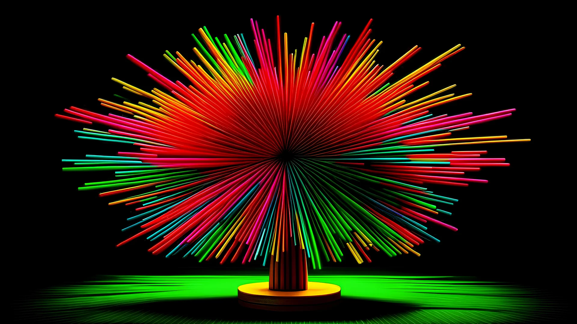 An abstract sculpture in a minimalist style, featuring a large centerpiece made of colorful toothpicks arranged in a swirling pattern, with a tiny flu virus model at the center symbolizing the fight against illness