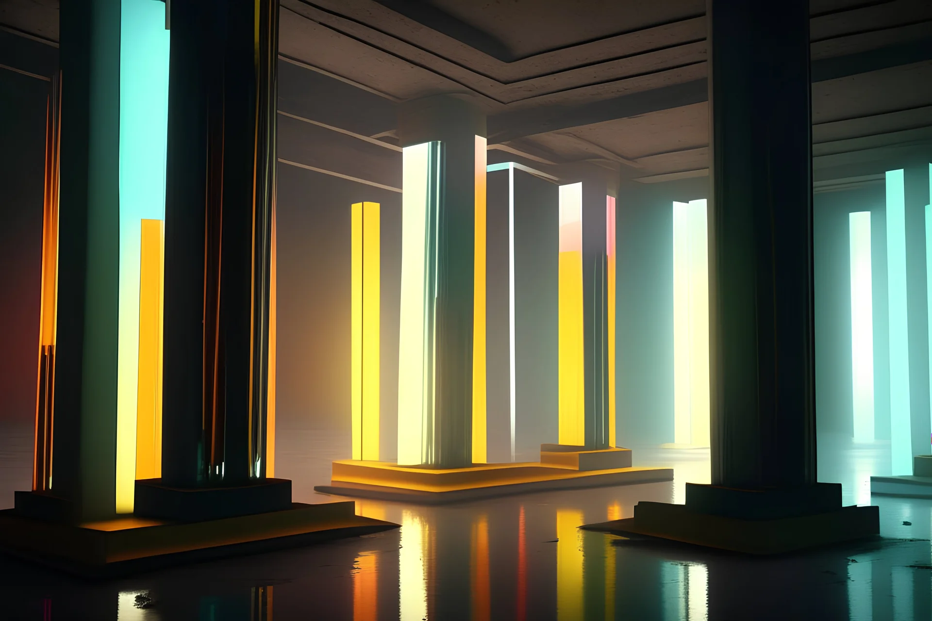 A number of monoliths are placed in the center of the room, Transparent tubes of various colors float around the monoliths