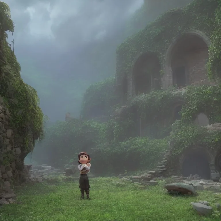 garoto triste e cansado deitado, cabelos pretos, in mystic ruins, chuva