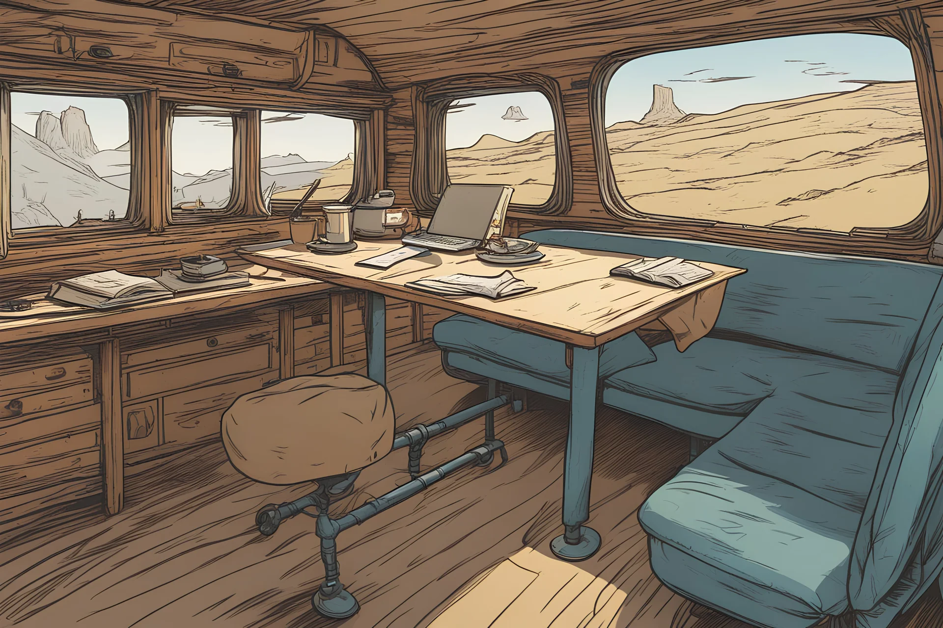 interior cabin, empty, table, ,, comic book,