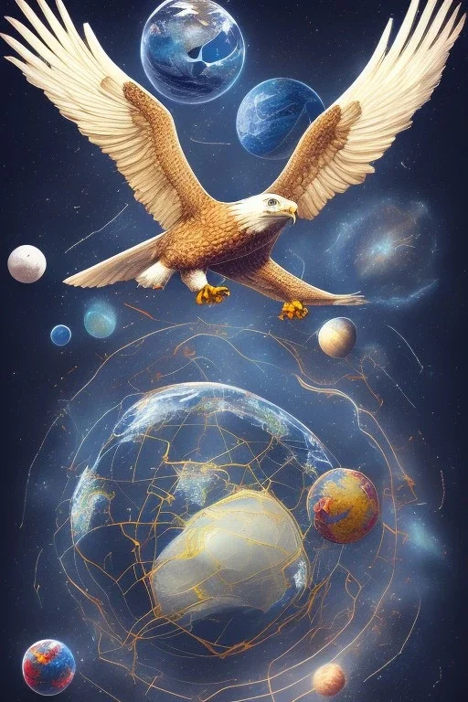 Eagle is flying in the space and is holding the earth in his claws.