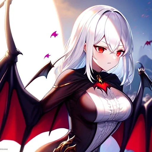 Clear focus, 8k, vampire girl, high quality, detailed, white hair, red eyes, beautiful lighting, vibrant colors, angry, wings