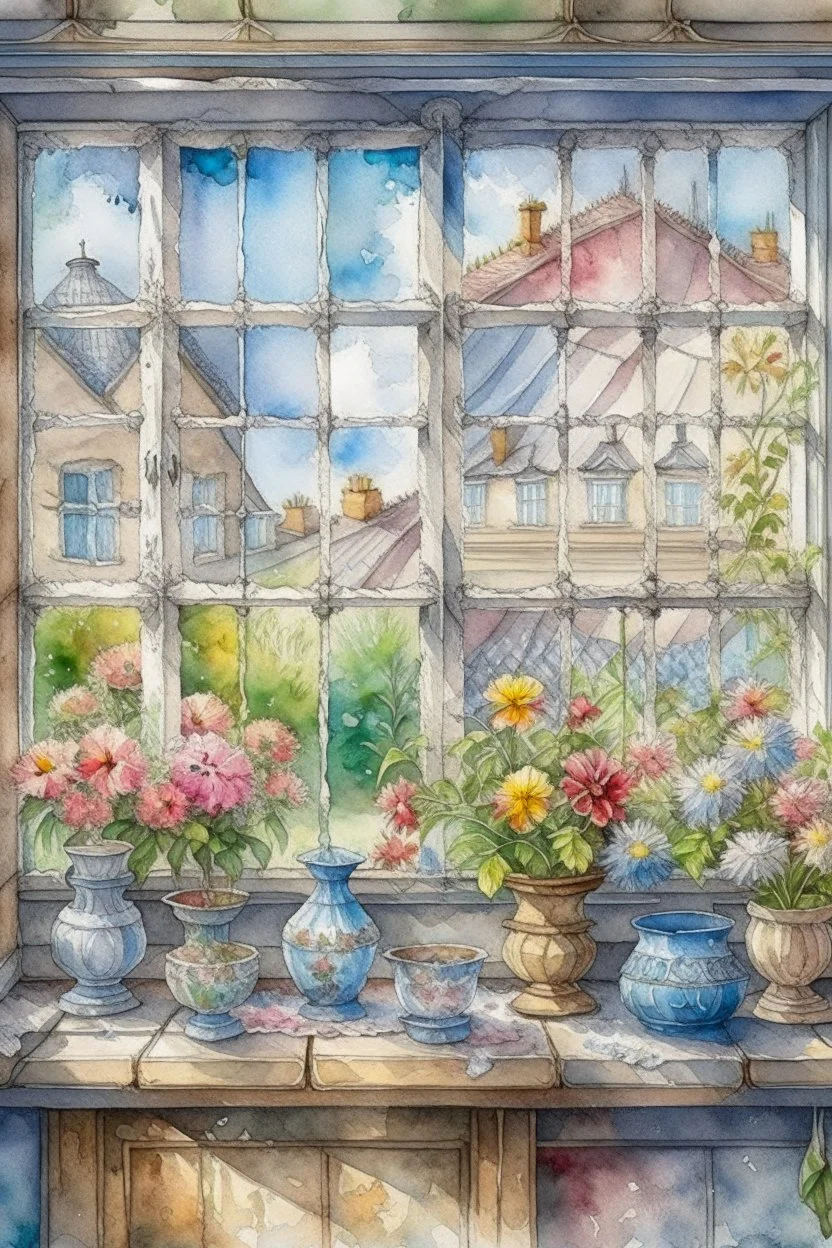 Shabby chic window with flowerpots and bouquets filled with beautiful flowers.full sunlight, stormy clouds, bird, watercolour and ink, stained glass Modifiers: elegant intricate beautiful fantastic view crisp quality colourful Jean-Baptiste Monge pastel colors full view