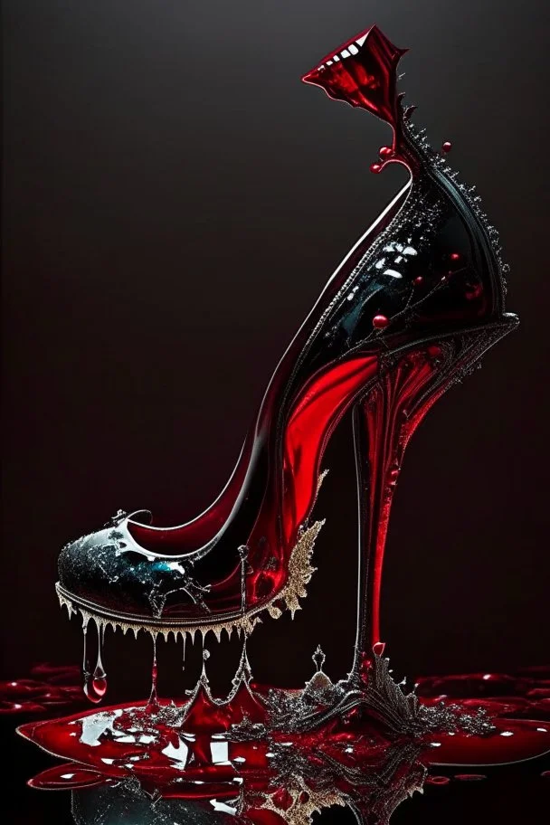 dark fantasy, intricate cover, a whimsical fairytale, shoe made of glass with blood inside and a single drop running over its side