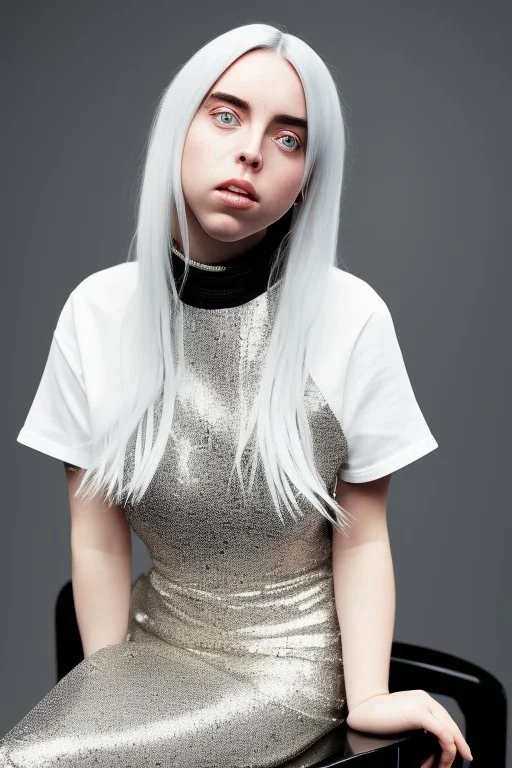 Billie Eilish, sitting on a chair, Black Short Dress, pale skin, high detail, realistic, 8k