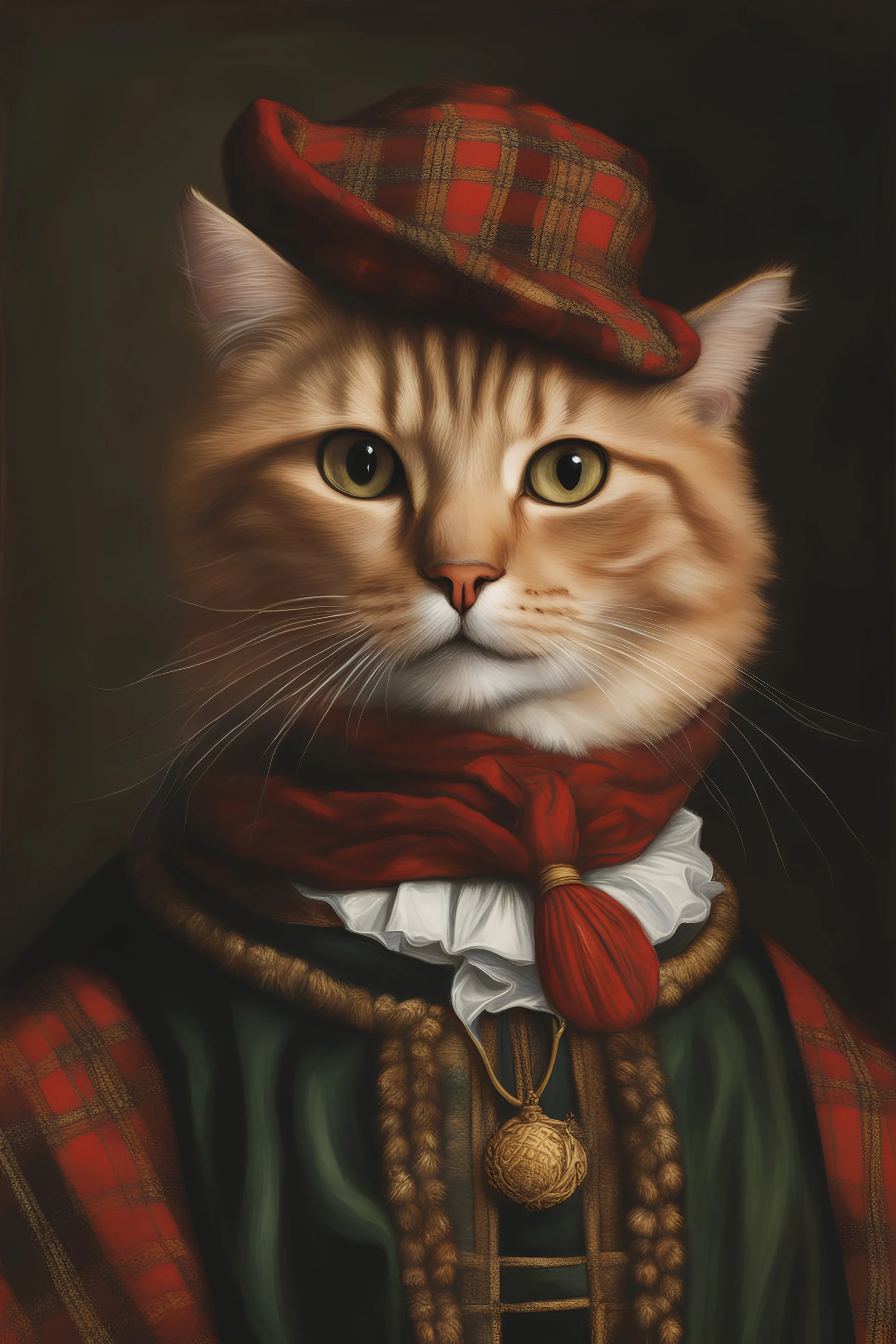 A Distinguished cat dressed as a scottish highlander in crawford tartan and tam-o-shanter, a Renaissance portrait in the style of Titian, a nearly black background, a masterpiece of medieval portraiture