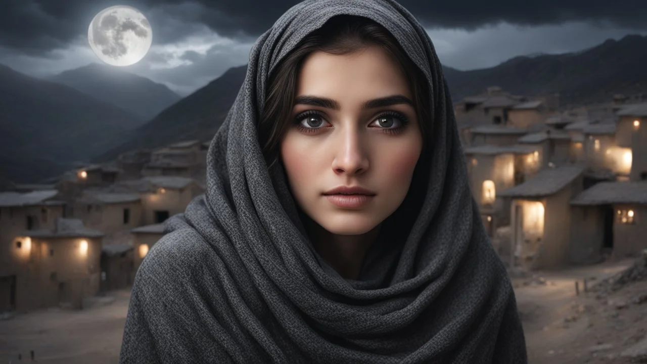 Hyper Realistic close-up-photographic-view of Beautiful-Pashto-Girl covering her face with grey-shawl with beautiful eyes wearing-black-dress standing outside village-houses giving-bold-expressions on mountain-top at night with cloudy-moonlight showing dramatic & cinematic ambiance