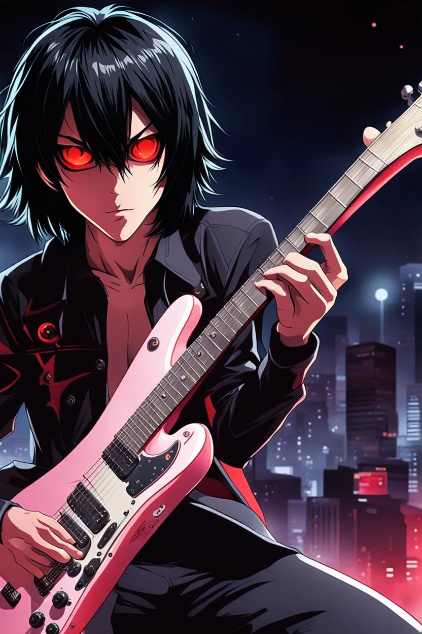 A 30 years old male guitarist playing electric guitar at a midnight concert, manly facial features, red creepy alien bug eyes, black hair, athletic build, correct hands, in the style of manga "Rosario+Vampire"