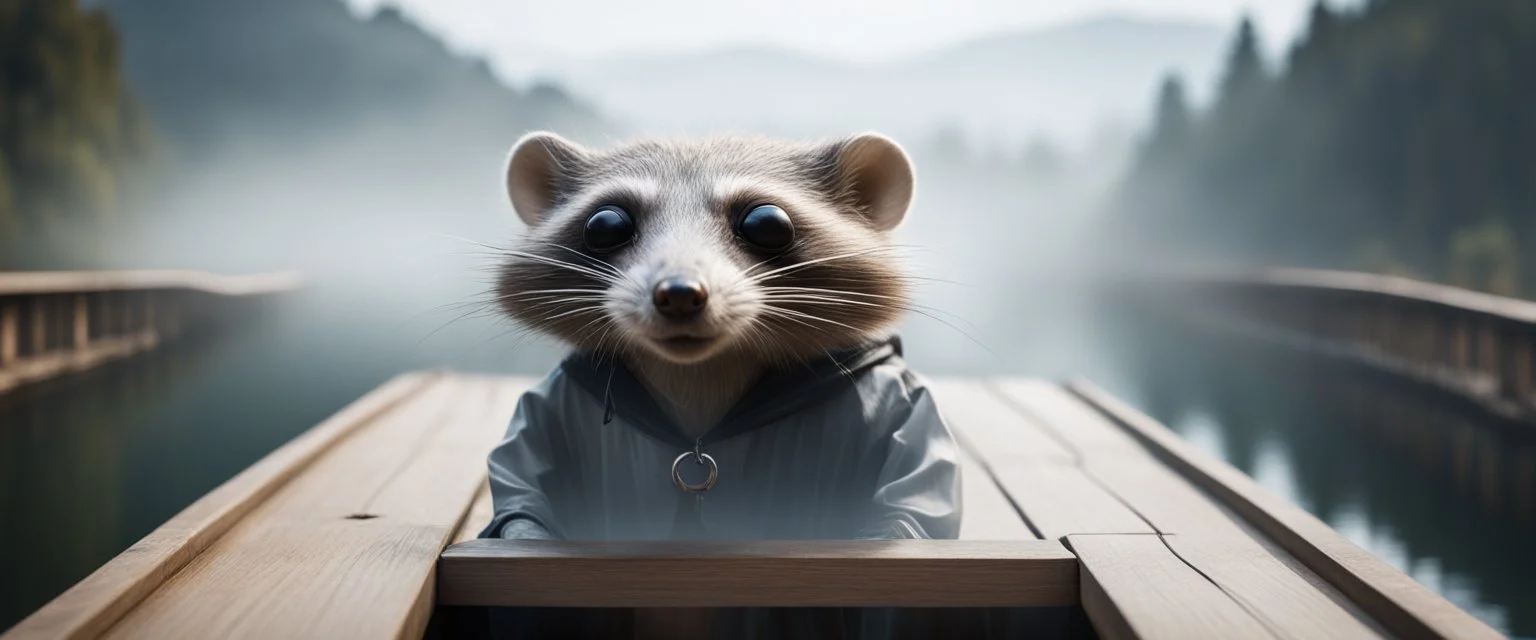 close up on huge dented glowing ghost transparent rat racoon in designer clothes in fast boat with googly eyes, raised by ninja necromancer in the wild, on wooden bridge by lake in surreal reflecting stone chrome landscape, background motion blur, volume light fog, rays, 4d maze