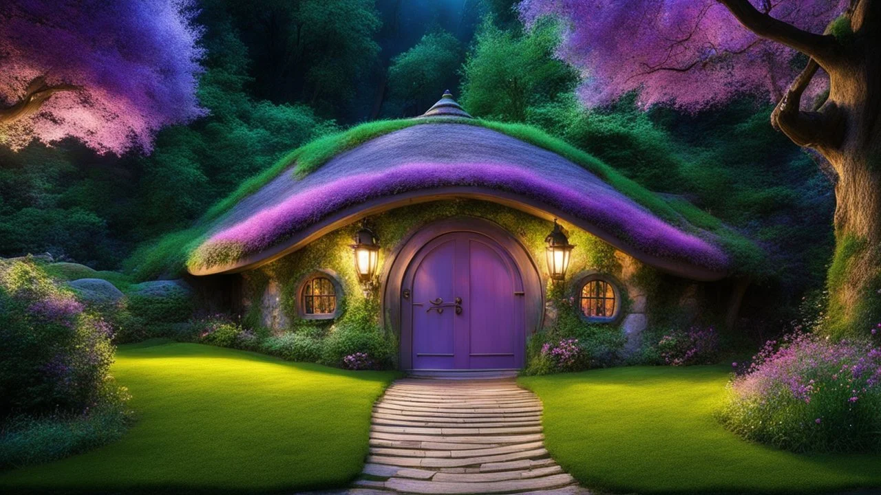 hobbit cottage in the woods surrounded by trees, night, whimsical feel, pinks, blues, purple and green colors, circular hobbit-style door with central knocker, circular hobbit-style windows, green grass roof, lanterns, starlight, chiaroscuro, quaint, homely, inviting, LOTR, Tolkien