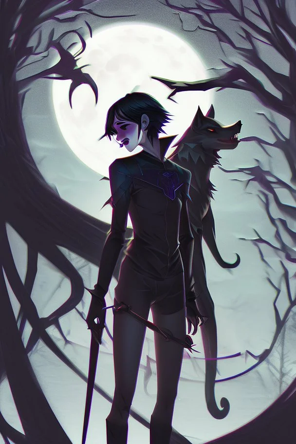 vampire girl showing fangs with short cropped cyberpunk hair wandering with her wolf in tangled forest in the moonlight