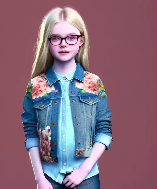 Elle fanning toddler, full body, city background, denim jacket, floral shirt