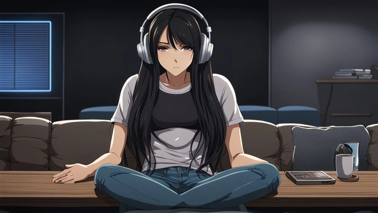 dark 3d anime style, close up in the foreground back to the camera a woman sitting on sofa with her knees pulled to her chest.. in comfortable t-shirt and jeans clothes.. her is normal body not too thin,,Her face is not visible at all. She long dark hair partially covering the side of her head. a headphones on her head and near a table with one mug and a mobilphone on table, heavy dark courtains covers window suggesting to shut out the outside world. She is facing the window,