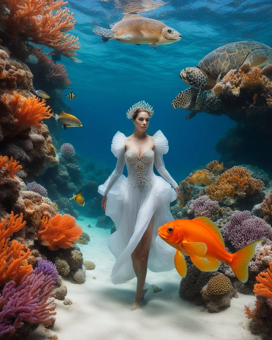 Gorgeous Photography Beautiful Queen Walk in An underwater scene teeming with colorful coral, busy clownfish, and gentle sea turtle