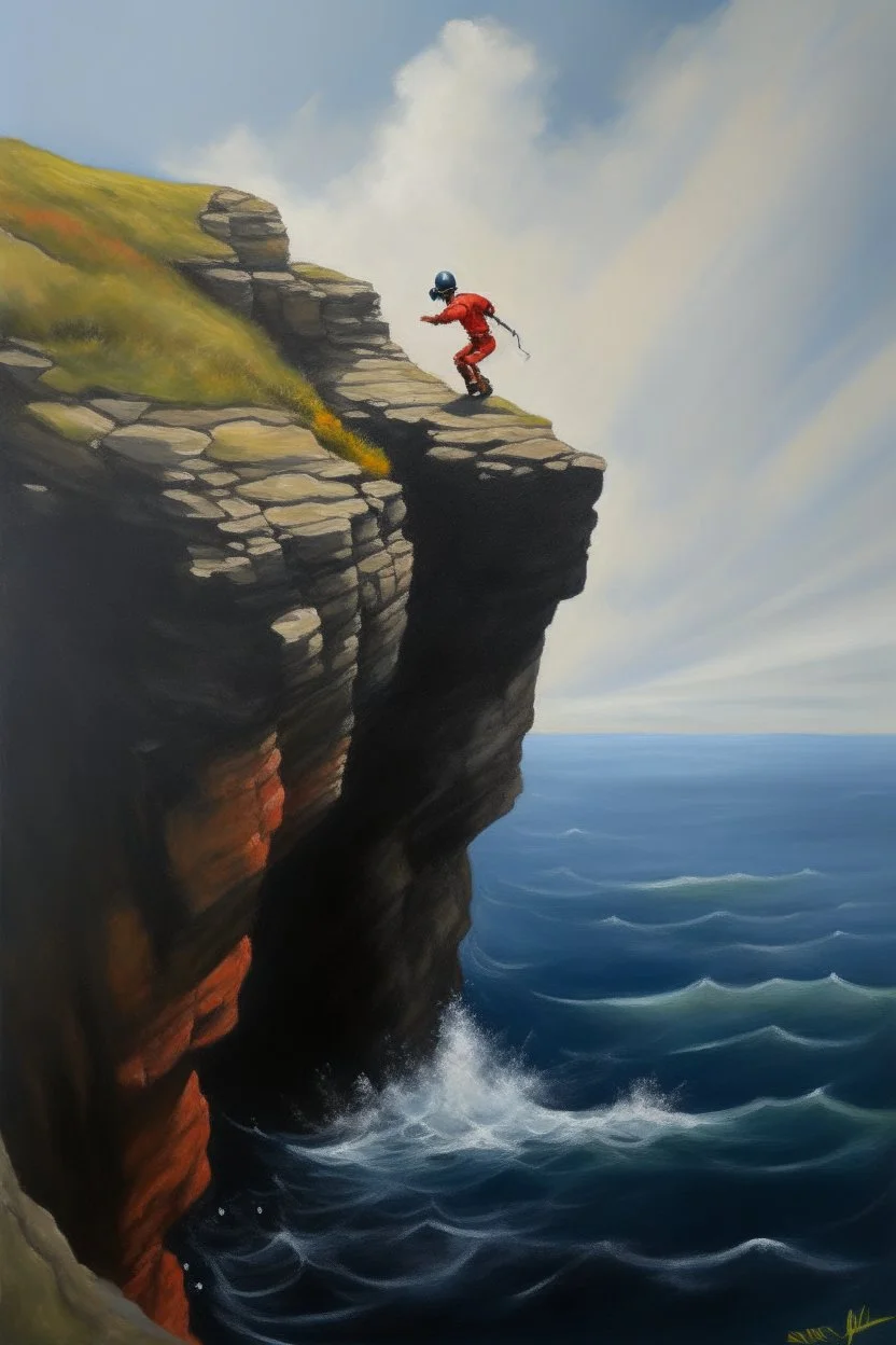 Big nose cliff diver that is about to hit an ambolt, prize winning oil painting