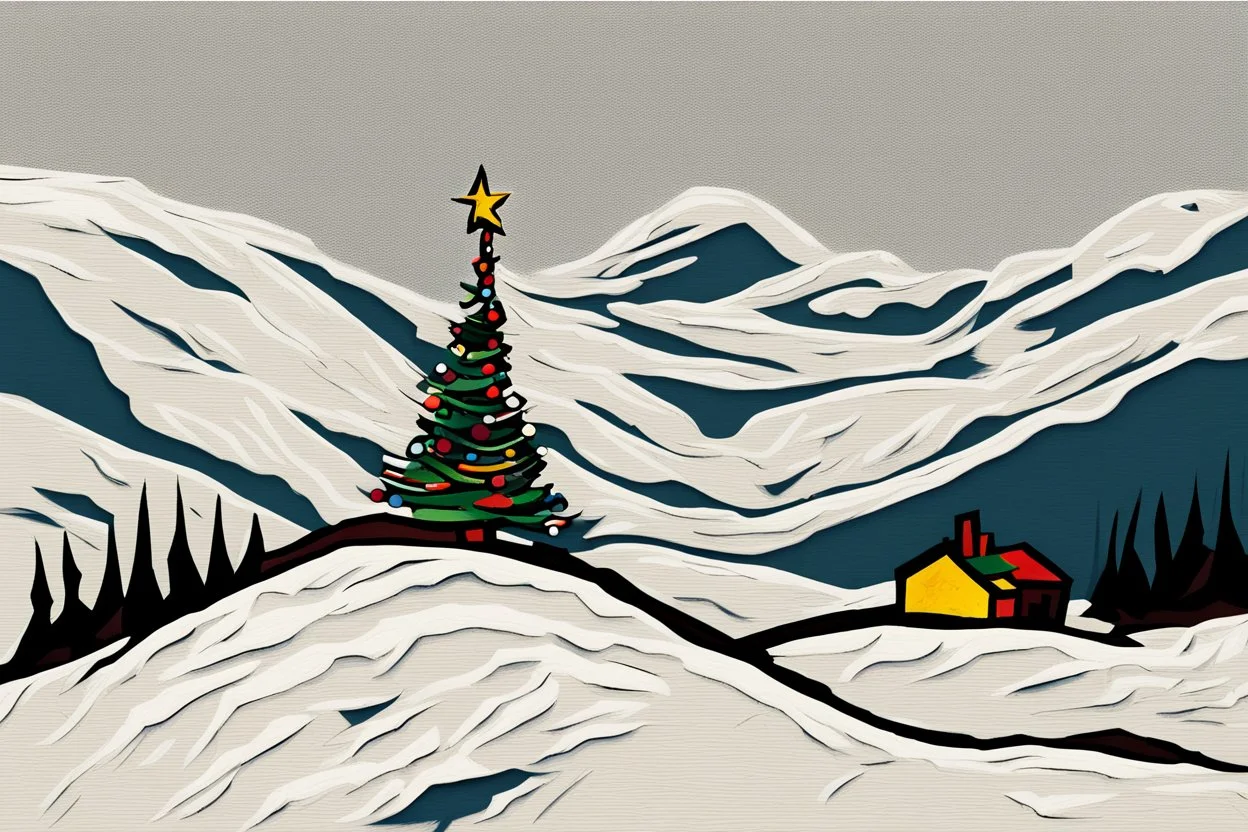 Christmas tree on a snow covered mountainside in the style of Frank Auerbach