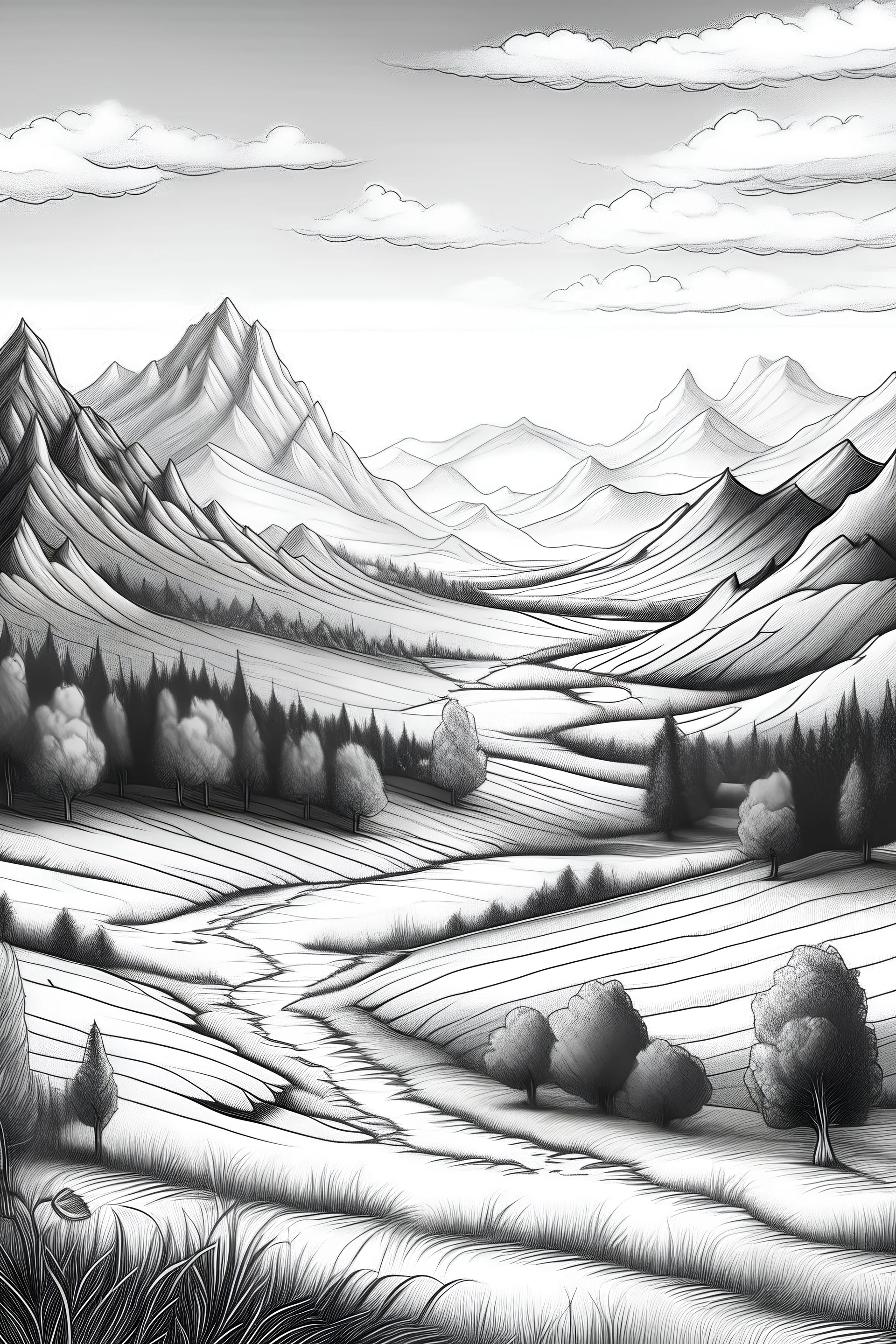 Quiero un dibujo de un paisaje para trabajar las unidades del relieve interior con alumnos de 5º de primaria. Será necesario que sea un dibujo en blanco con las líneas negras para que lo puedan colorear. En el dibujo quiero que aparezca: una montaña cercana, una colina, un valle con un rio y un pueblo con casas, una llanura con tierras cultivadas, una meseta, una sierra, una cordillera, y una depresión.