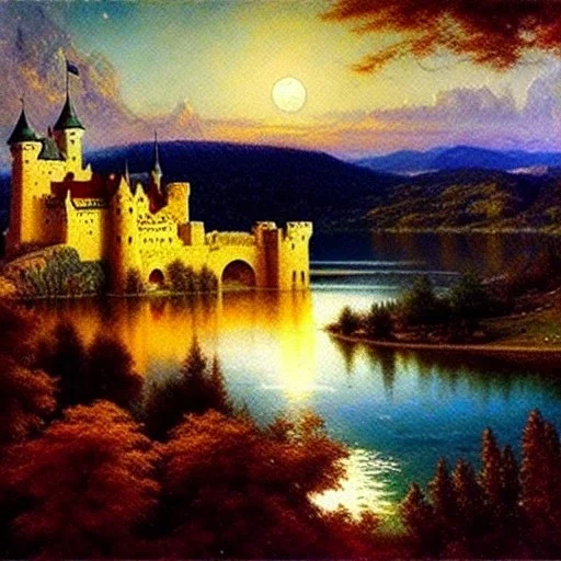 Drawing of 'Medieval German Castle',mountain,lake,full moon, by gaston bussiere, greg rutkowski, yoji shinkawa, yoshitaka amano, tsutomu nihei, donato giancola, tim hildebrandt,oil on canvas, cinematic composition, extreme detail,fit full head inside picture,16k