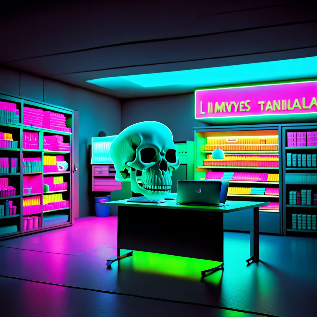 Unsettling office, skull, neon, empty, a computer is running, liminalcore, windows 95 logos, supermarket, Yves Tanguy