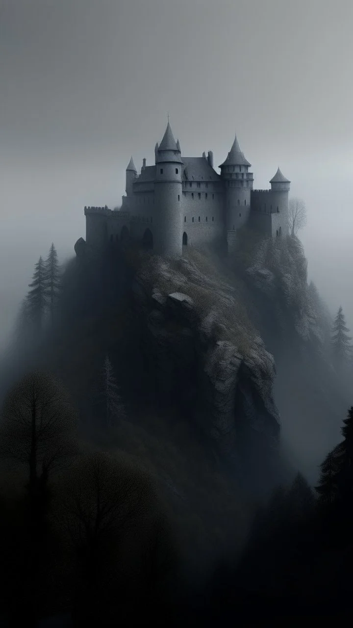 A hyper photorealistic, hyper detailed dark art color, high resolution, fog, octane render, tilt shift, HDRI Environment, all pictures of a dark gray castle curved in the mountain