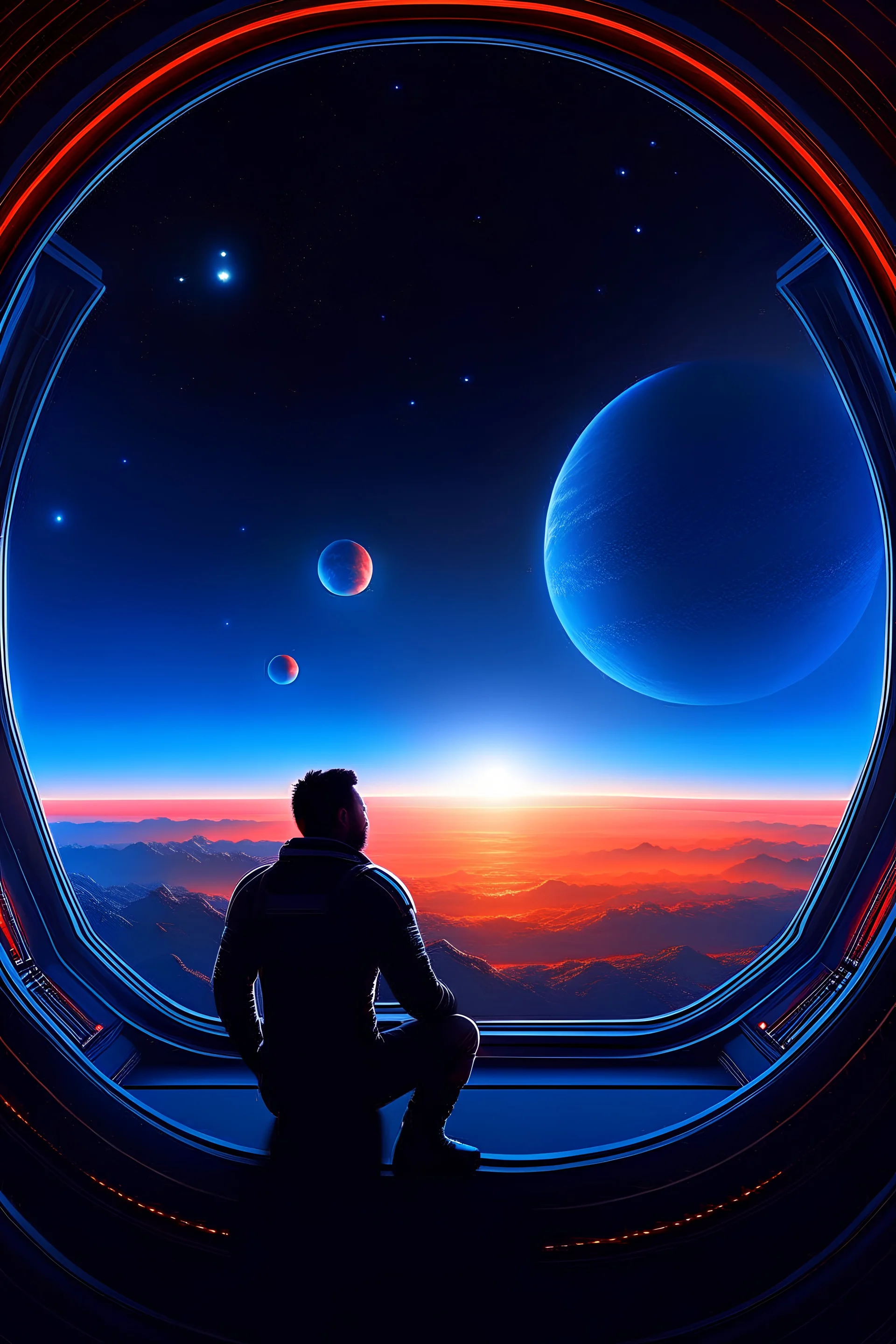 A man is looking at the stars from the window of his spaceship while a huge planet rises beyond the horizon, several spaceships are flying in front of the planet.