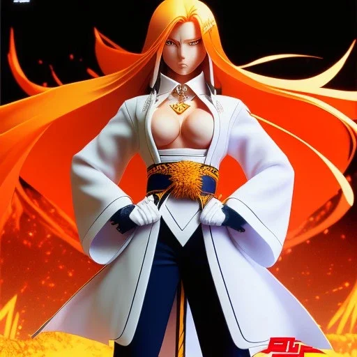 "Girl, Anime, Bleach, shows body to waist, head in frame, Preserve Quality, preserve face, preserve eyes, orange hair, big chest, 8k Quality by Tite Kubo, Yusuke Murata"