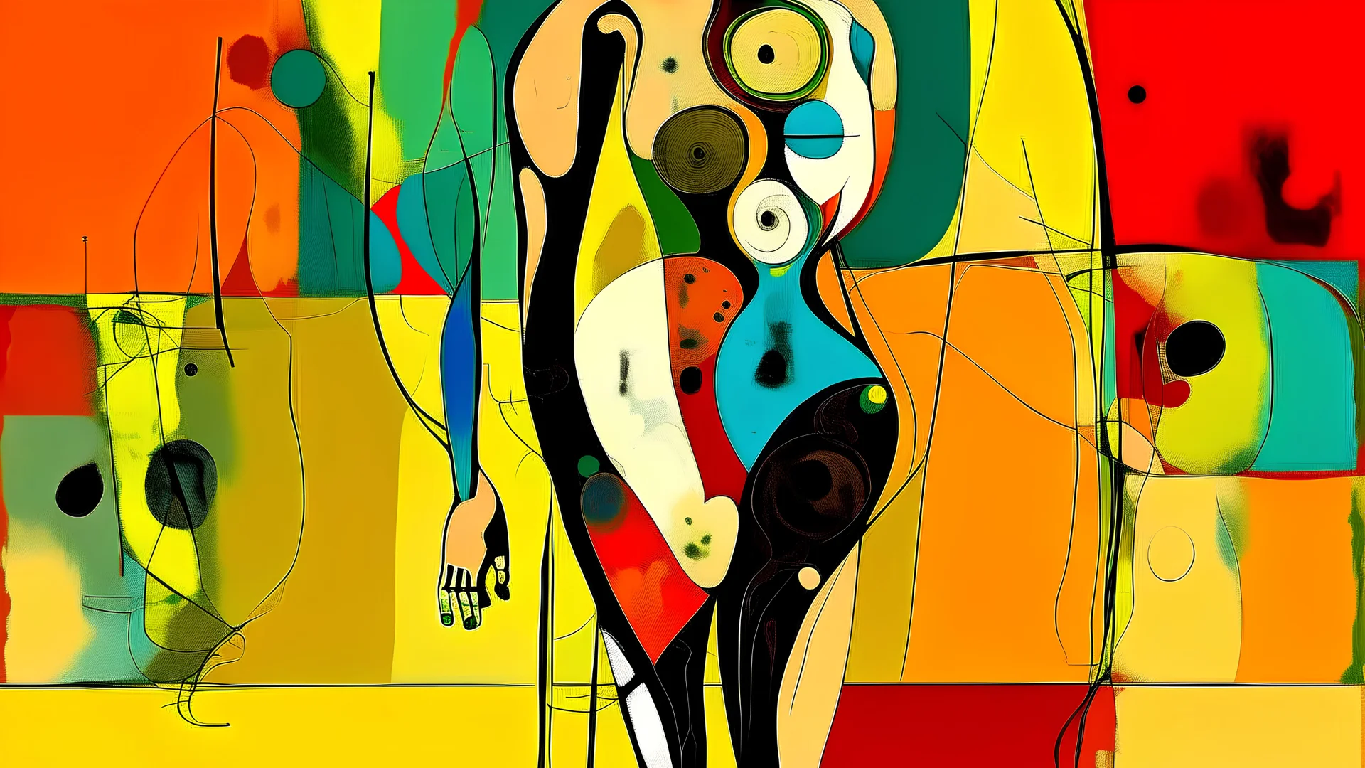 Abstract digital art of a human figure with distorted proportions, featuring exaggerated thighs and shins, with a face in the center, vibrant colors, sharp lines, surrealism, by Salvador Dali and Pablo Picasso.