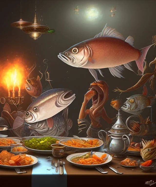 supper, fish sit at the table and eat pieces of people.