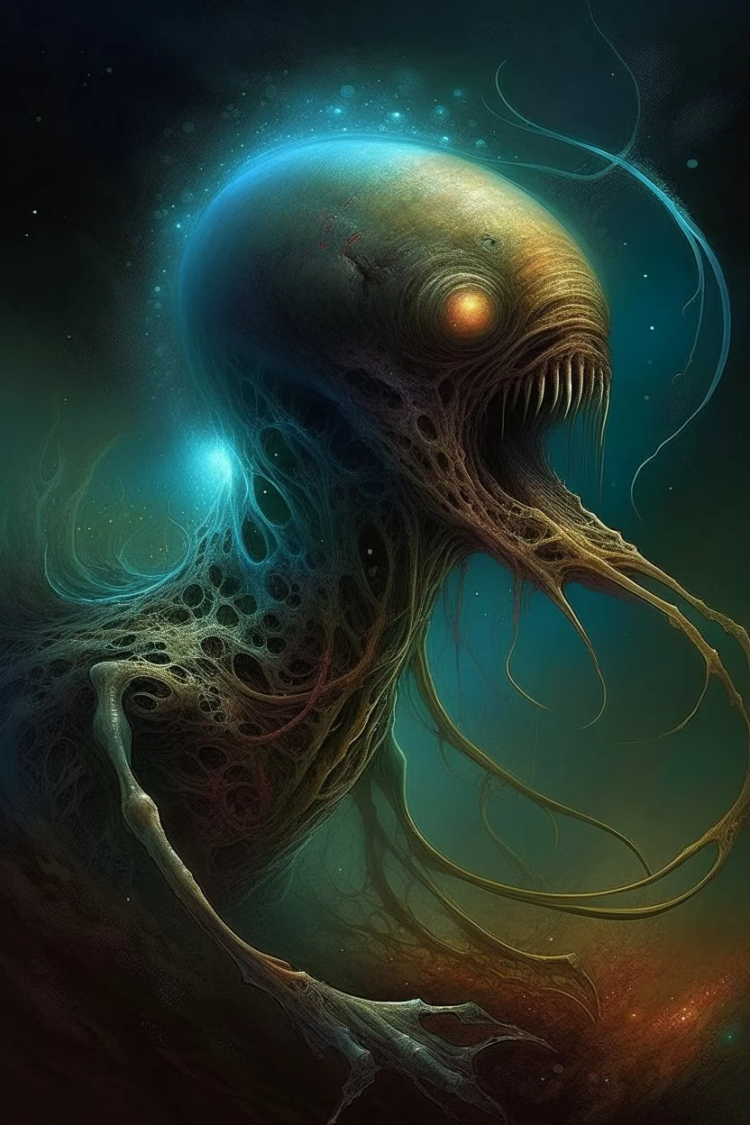 A alien hound, tentacles for mouth,,emerging from weird angle,otherworldly anatomy,glowing with alien energy,in the style of Zvidslav Beksinski