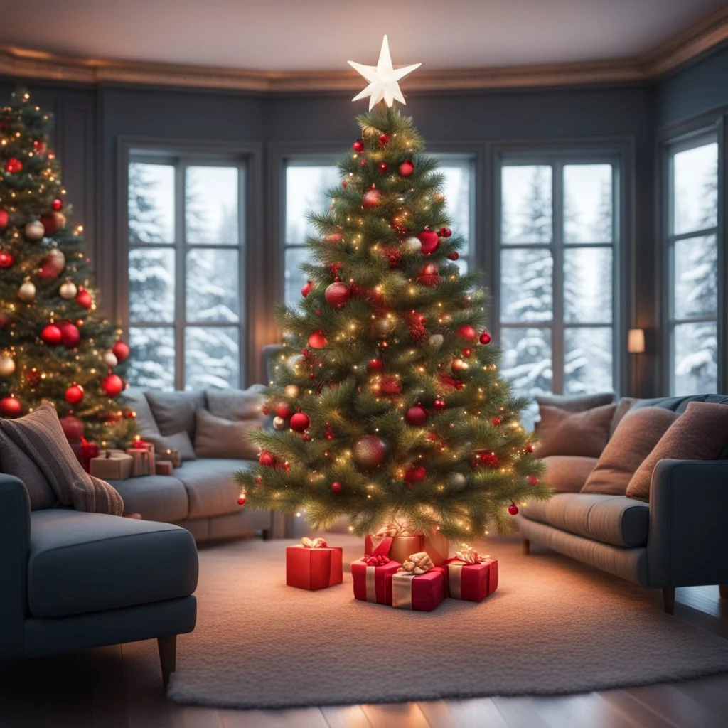 Hyper Realistic chirstmas tree in a cozy lounge at day