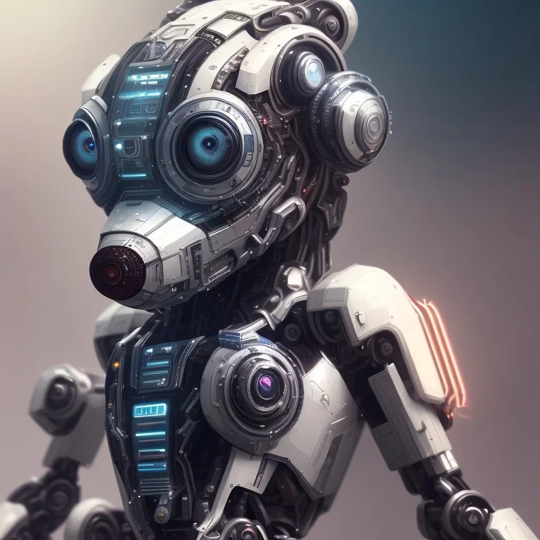 a beautiful full frame portrait digital painting of futuristic dogpunk robot, wide angle view, close-up, macro lens, centered camera, titanium accents, intricate details, small minutiae, tiny features, particulars, colorful, 8k, least ambient occlusion, volumetric lighting, volumetric clouds