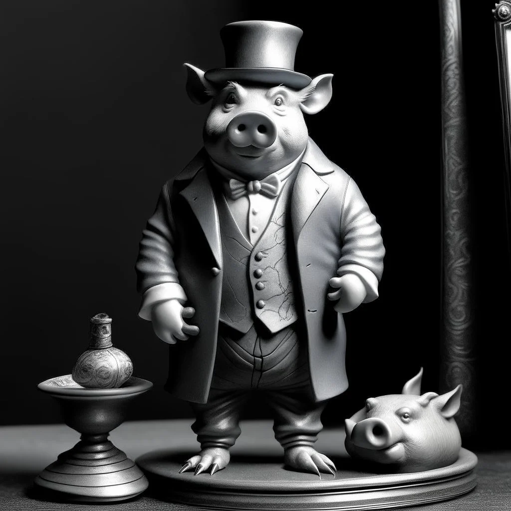 a statuette of a well dressed pig-man cult greyscale photo