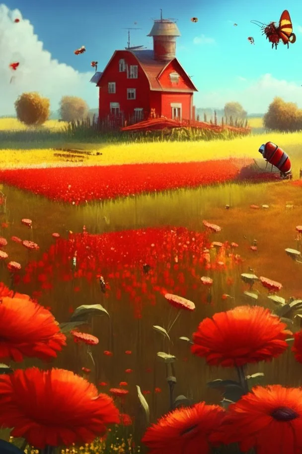 field, farm, scarecrow, plants, red flowers, grass, sky, bees, honey, bee houses, trees, fountain, flowers, brown board