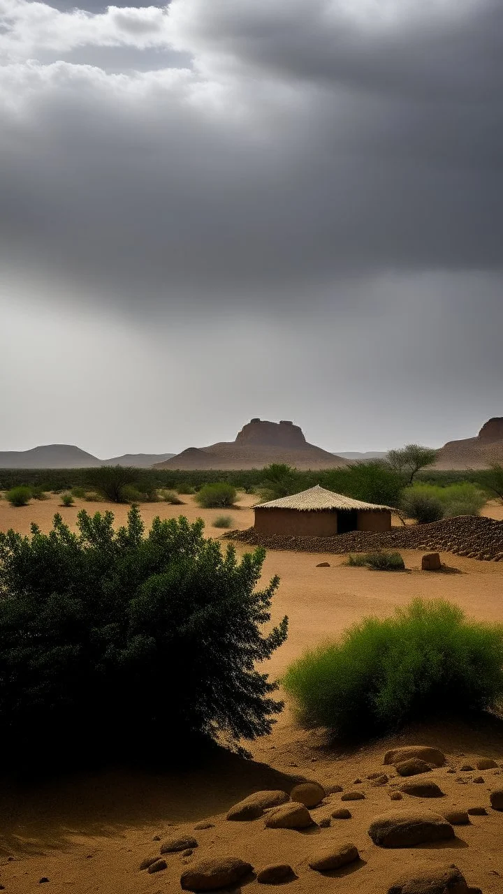 Sudan , kassala mountains, villages and huts , dim cloudy day