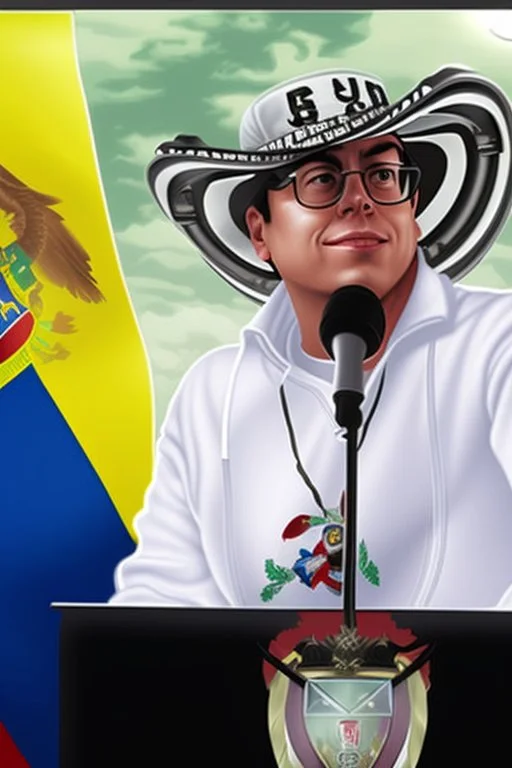 Ilustración vectorial de Gustavo Petro con gorra deportiva camisa colores negro, blanco y rojo, fondo negro