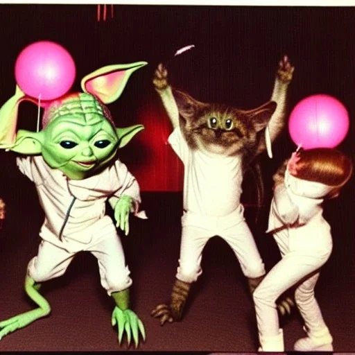 1980s photo of new year's party Yoda monkey with dancing cats evil