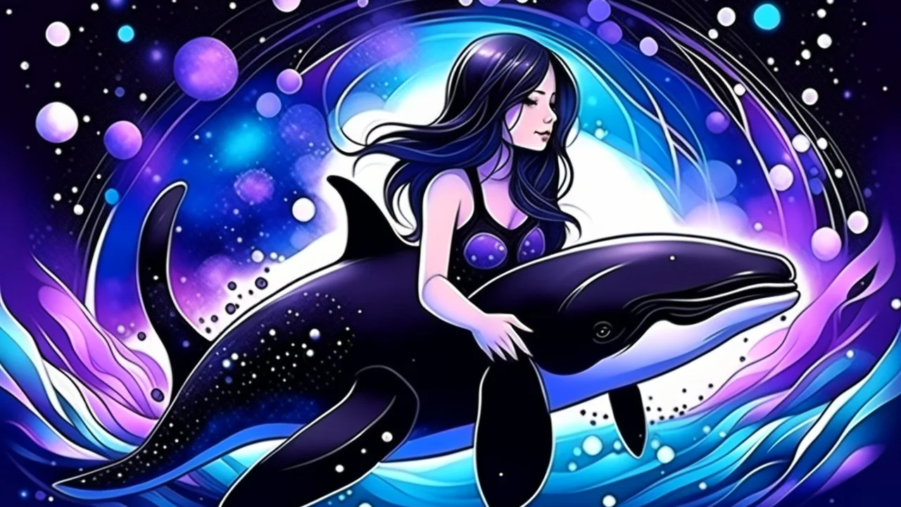 picture of pretty killer whale and girl on space background in violet color