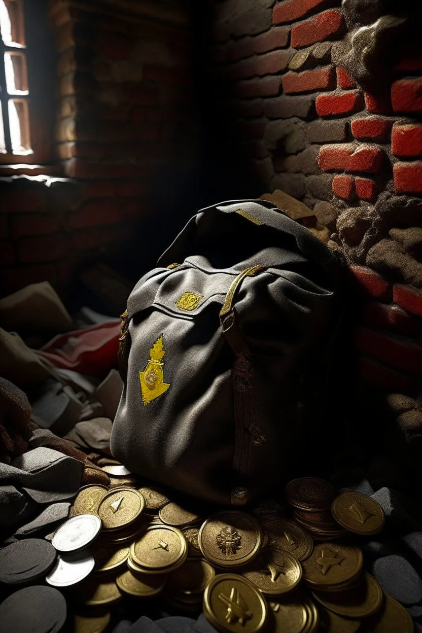 in a LARGE BASEMENT, half-buried in the earth, an ancient, worn-out, worn-out, torn-side valise peeks out, from which gold coins from the time of Catherine the Great fall out. The ancient coat of arms of Russia, the double-headed eagle, is BARELY VISIBLE on the bag. There are a lot of broken bricks and earth around the bag. All in high quality 8K