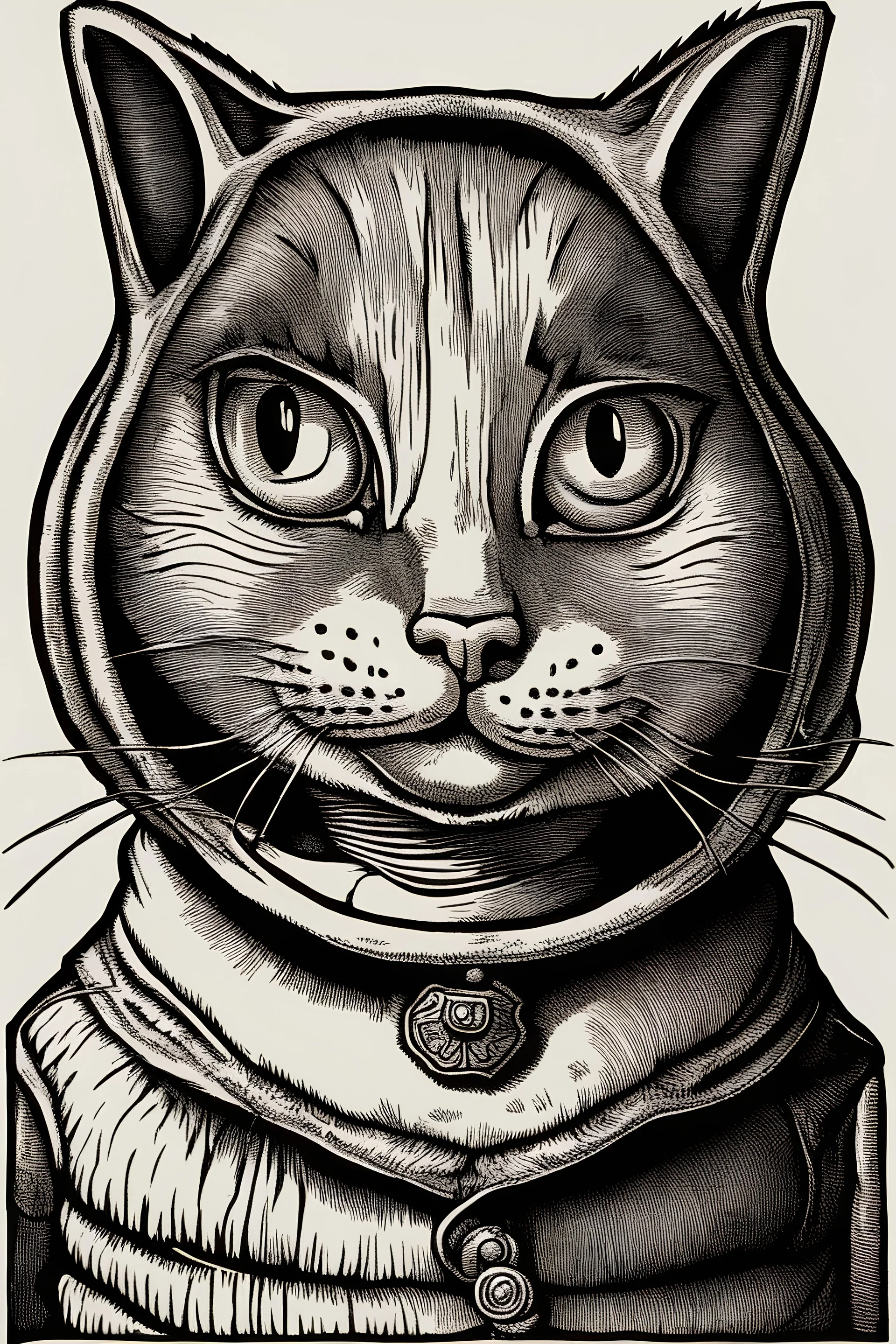 a funny cat, hans holbein style woodcut