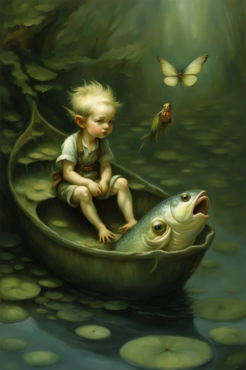 Masterpiece, ((Ottfried Preußler, the little water sprite)) the young little water sprite (boy) is sitting on the back of a big huge carp (fish) and glides with him under the water complete figure, flawless, full body shot, by Baptiste Monge, by Daniel Merriam, by Brian Froud, by Beatrix Potter, by Nicoletta Ceccoli, by Kinuko Y. Craft, by David Laurence, by Arcimboldo