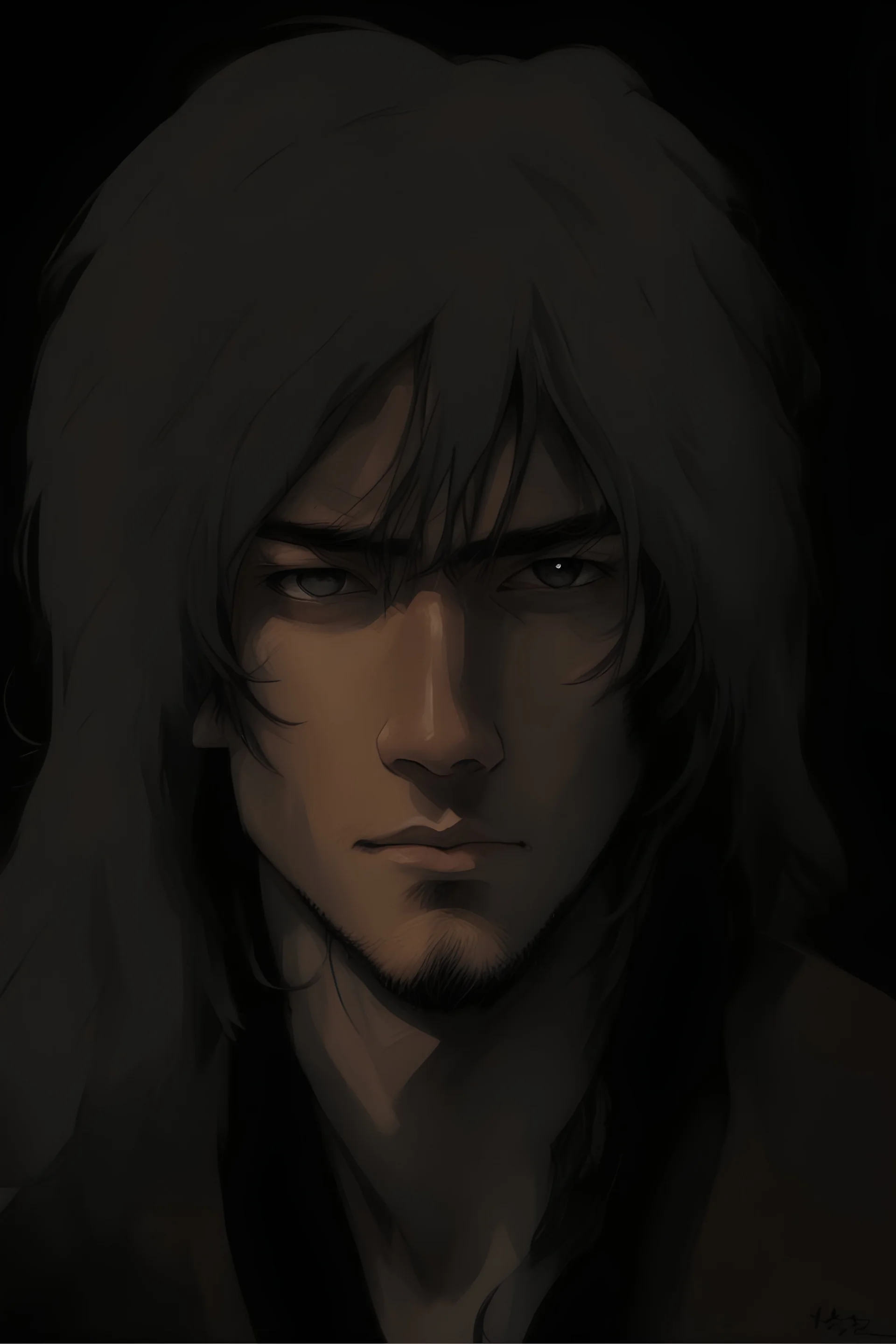 Portrait of a young male with long hair, and tan skin color, drawn in Yoji Shinkawa style.