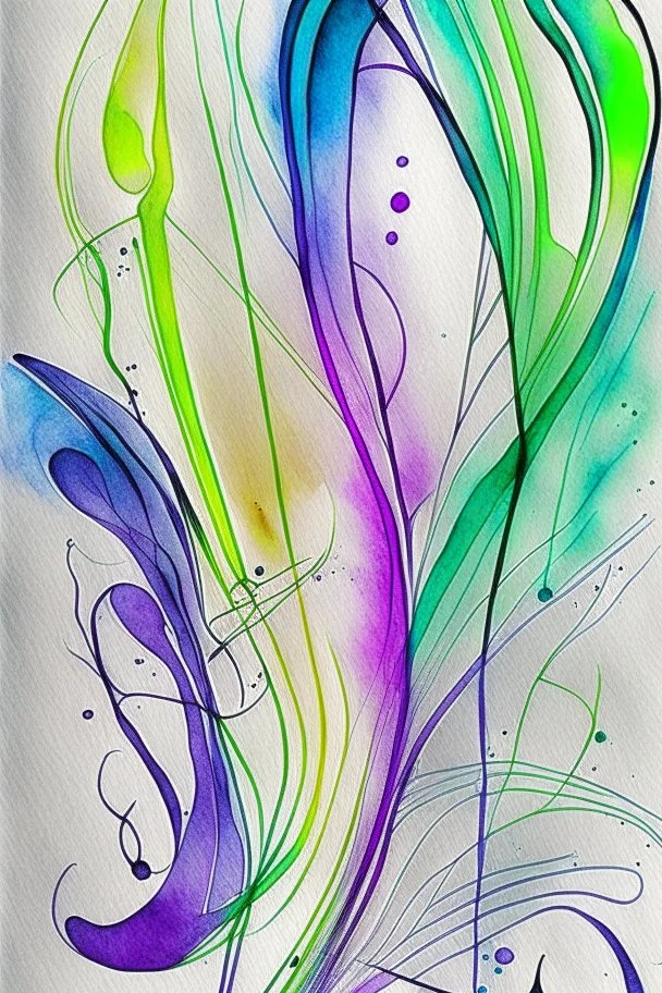 Abstract wet watercolour with ink lines